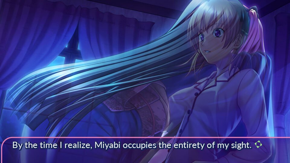 A woman with her face covered by fabric. A dialogue box below says 'By the time I realize, Miyabi occupies the entirety of my sight.'